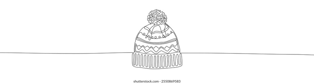 Winter hat or cap with ornament continuous line drawing vector illustration. Simple cap in outline style. Winter clothes