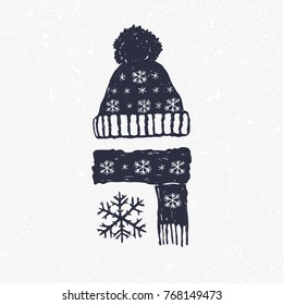 winter hat cap and scarf with snowflake. Hand drown vector illustration