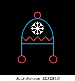 Tapa de sombrero de invierno con copo de nieve y vector pompom aislado en icono de fondo negro. Señal de invierno. Símbolo gráfico del sitio web de viajes y turismo y diseño de aplicaciones, logotipo, aplicación, interfaz de usuario