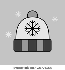 Winter hat cap with snowflake and pompom vector isolated grayscale icon. Winter sign. Graph symbol for travel and tourism web site and apps design, logo, app, UI