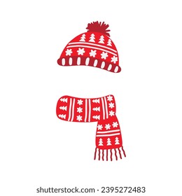 Winter hat cap with snowflake and pompom red scarf flat design