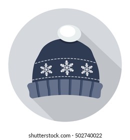 winter  hat cap with snowflake and pompom flat design vector icon