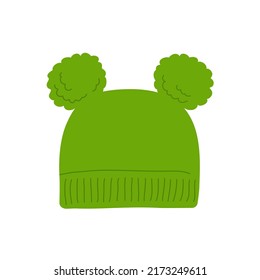 Winter hat for children. Seasonal warm green hat. Cute baby clothes. Beauty and fashion. Modern stylish clothes and wardrobe. Flat vector illustration isolated on white background