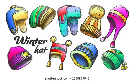 Winter Hat Clothing Accessory Retro Set Vector. Collection Of Woollen Hap With Fluffy Pompons And Fur, Earflap And Visor Engraving Concept Template Designed In Vintage Style Color Illustrations