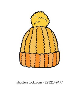 Winter hat colored outline drawing decoration. Accessories for cold weather hand drawn cartoonish graphic illustration. Fashion head item for protection in winter time. Warm fur fabric cap pen drawing