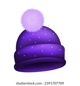 Winter hat, dark purple with fluffy pompom and dots, vector illustration.