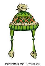 Winter hat. Drawing illustration, sketch. Green color. Warm cap for winter, hipster style. Cartoon cool hat.