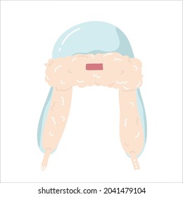 Winter hat with ear-flaps, hand-drawn illustration in flat hand drawing style.blue ushanka hat on white background