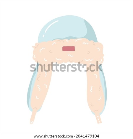 Winter hat with ear-flaps, hand-drawn illustration in flat hand drawing style.blue ushanka hat on white background