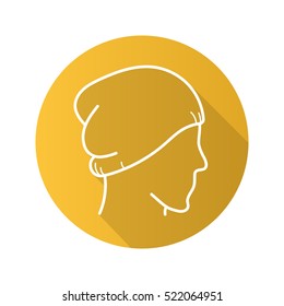 Winter hat flat linear long shadow icon. Ski cap on mannequin's head. Vector line symbol