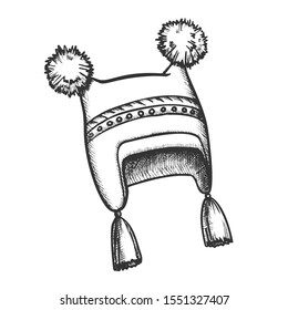 Winter Hat With Fluffy Woolen Pompons Retro Vector. Comfortable Hat Warm Wearing Accessory For Girl. Engraving Concept Mockup Designed In Vintage Style Black And White Illustration