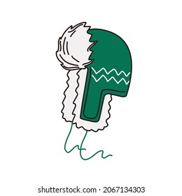 Sombrero de invierno con piel. Estilo Doodle. Ropa verde para los niños. Ilustración dibujada a mano por vectores.