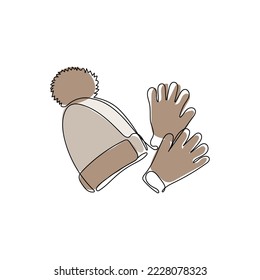 Winter hat and glove in continuous one line art style. Knitted, winter clothes. Cold weather accessories. Hand drawn vector illustration.