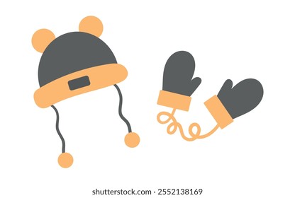 Sombrero y guantes de invierno. Sombrero de la diversión para los niños en Clima frío. Lindo sombrero con orejas en la temporada de invierno sobre un fondo blanco. Ilustración vectorial, estilo plano.