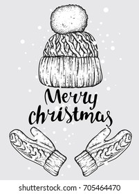 Winter hat and gloves. Knitted mittens. Vector illustration for a postcard or a poster, print for clothes. New Year's and Christmas. Festive postcard.