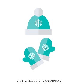 Winter hat and gloves set on white background. Flat vector illustration design. 