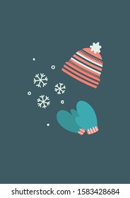 Winter hat, gloves and snowflakes. Vector illustration.