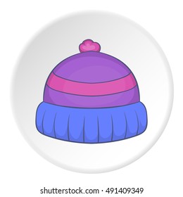 Winter hat icon in cartoon style on white circle background. Accessory symbol vector illustration