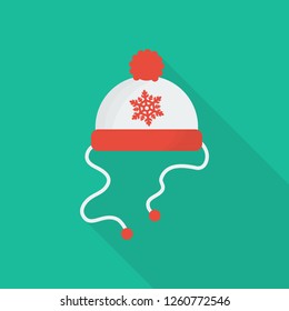 winter hat icon in flat style with long shadow, isolated vector illustration on green transparent background