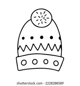 WInter hat icon in hand drawn doodle style. Warm knitted hat with ponpon. Isolated on white background vector illustration. Element for coloring.