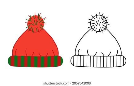 Winter hat icon. Knitted red hat with pompom in color and lines isolated on white background. Outerwear symbol.Vector illustration in flat style
