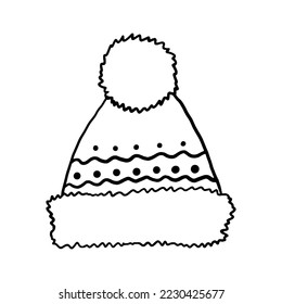 Winter hat icon with pompom. Doodle style vector. Knitted wool cap with pompom isolated on white background. Illustration for graphics, website, logo.