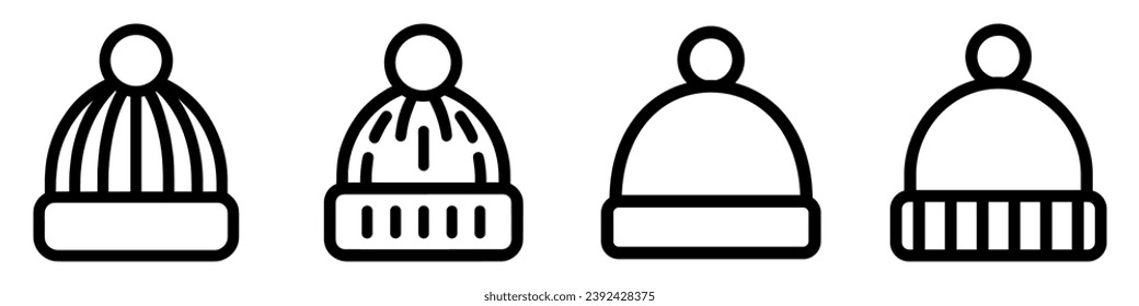 Winter Hat icon. Set of black linear winter beanie hat icons on a white background. Vector illustration