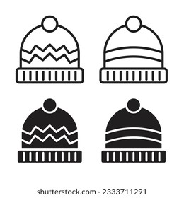 winter hat icon set. warm wool beanie hat vector icon for skier. knitted ski cap line icon set in filled and outlined style.