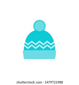 Winter hat icon. Vector. Knit wool beanie with pompom. Blue knitted ski cap isolated on white background. Flat design. Cartoon colorful illustration. Outerwear symbol.