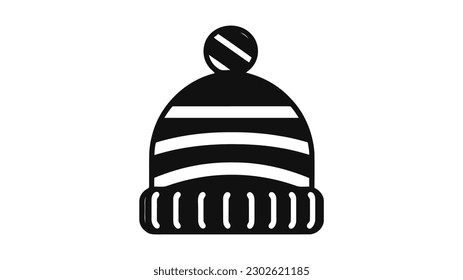 Winter hat icon. Vector in simple flat design, outline. Knit wool beanie with pompom isolated on white background.