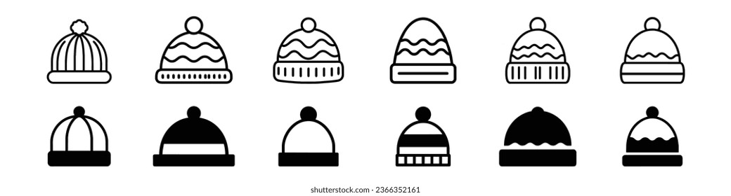 Icono de sombrero de invierno. Vector de diseño plano simple, icono de sombrero de invierno. Vector de diseño plano simple, contorno. Beanie de lana de coñac con pompa aislada sobre fondo blanco. Icono negro de sombrero de invierno