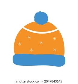 Winter hat icon with white snowflakes. Hand drawn headwear isolated on white background. Vector illustration.