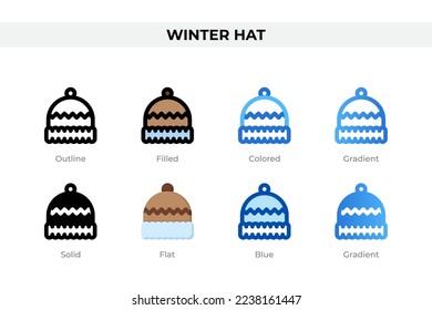 Winter hat icons in different style. Winter hat icons set. Holiday symbol. Different style icons set. Vector illustration