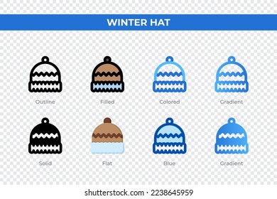Iconos de sombrero de invierno con un estilo diferente. Iconos de sombrero de invierno. Símbolo de vacaciones. Conjunto de iconos de estilo diferente. Ilustración del vector