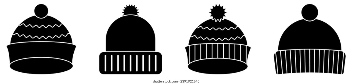 Winter hat icons. Knit wool beanie with pompom. Vector illustration isolated on white background