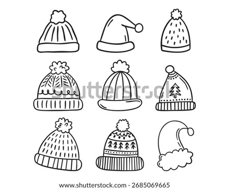 Winter hat icons line art clipart set with beanies and pom poms, monochrome collection, hand drawn. Vector illustration.