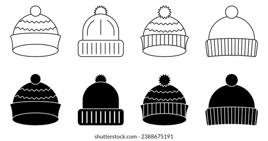 Winter hat icons. Winter outline knitted hats. Vector illustration isolated on white background
