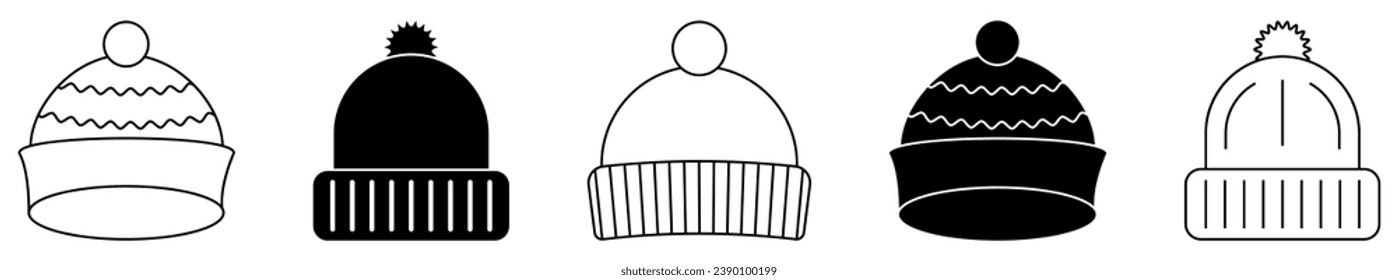 Winter hat icons with pompom. Vector illustration isolated on white background
