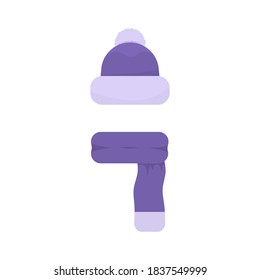 winter hat illustration. bobble hat decorated with pompom and purple scarf. warm children's clothing or headwear. flat style. design elements
