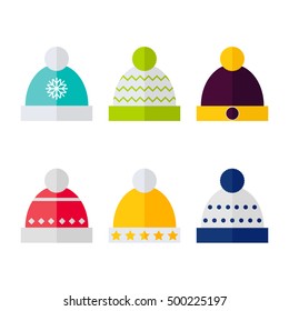 Winter hat isolated icons on white background. Winter hats collection. Flat vector illustration design. 