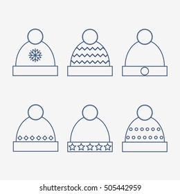 Winter hat isolated icons on white background. Flat line vector illustration design. 