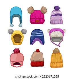 winter hat kid set cartoon. cap cold, headwear autumn, accessory man, fun pompom, knit winter hat kid vector illustration