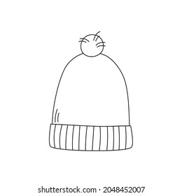 Winter hat. Knit wool beanie with pompom. Doodle style. Line art. Isolated vector illustration