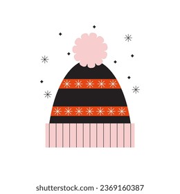 Winter hat. Knit wool beanie with pompom isolated on white background. Outerwear symbol. Flat trendy abstract style. Winter season. Warm knitted headwear. Vector illustration. 