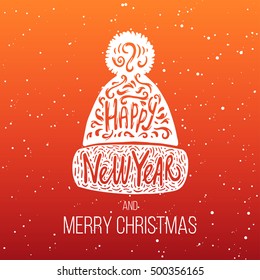 Winter hat with lettering Happy New Year. Lettering with a pattern of swirls and scription. The illustration on an orange background with snow.