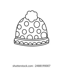 Winter hat. line drawing ,Winter cap tassel, Vector isolated outline clip art
