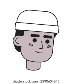 Winter hat man african american black and white black and white 2D vector avatar illustration. Warm accessory wearing black young man outline cartoon character face isolated. Flat user profile image