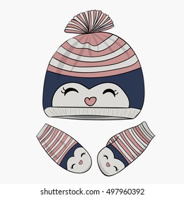 Winter hat and mittens. On a white background. With a picture of a cute penguin.