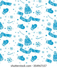 Winter Hat, mittens and scarf. Vector hand-drawn Seamless Pattern