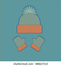 Winter hat and mittens vector illustration set
